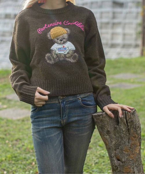 GORGE(ゴージ)の「《ショート丈×くま刺繍》レディース ニット トップス ニット帽付きモチーフ 秋冬(ニット/セーター・レディース・アイボリー/ネイビー/ブラウン/ピンク/ボルドー・F)」の19枚目の写真