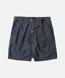 LINEN DENIM ONE TUCK BERMUDA PANTS _ INDIGO