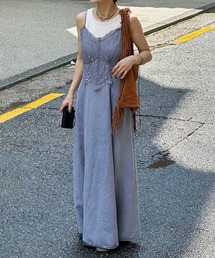 Ameri（アメリ）の「LACE DOCKING TENCEL DENIM FLARE DRESS（ワンピース）」