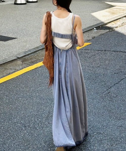 Ameri（アメリ）の「LACE DOCKING TENCEL DENIM FLARE DRESS（ワンピース・レディース・パープル/ブラック・SMALL/MEDIUM）」の5枚目の写真