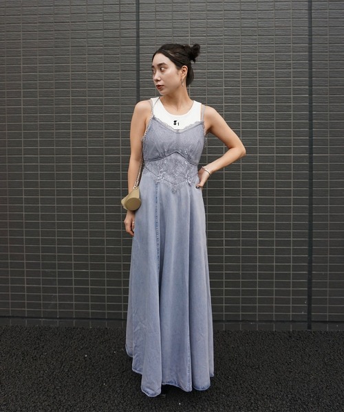 LACE DOCKING TENCEL DENIM FLARE DRESS（ワンピース）｜Ameri（アメリ