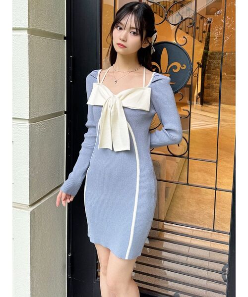 RESEXXY（リゼクシー）の「バイカラーフロントリボンニットミニワンピース（ワンピース・レディース・ベージュ/ブルー/ブラック・FREE）」の17枚目の写真