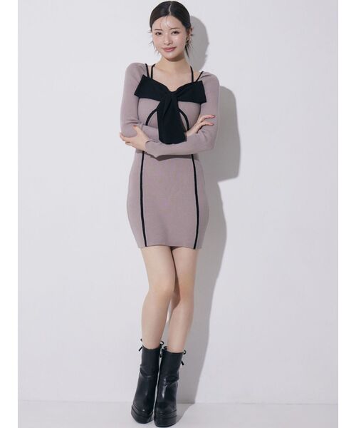 バイカラーフロントリボンニットミニワンピース（ワンピース