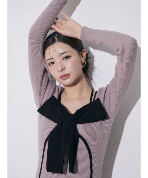 バイカラーフロントリボンニットミニワンピース（ワンピース