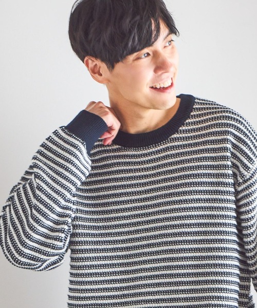 GLOBAL WORK（グローバルワーク）の「コットンボーダーニットプルオーバー/619242（ニット/セーター・メンズ・ネイビー/グリーン/ライトベージュ・X-LARGE/MEDIUM/SMALL/LARGE）」の3枚目の写真