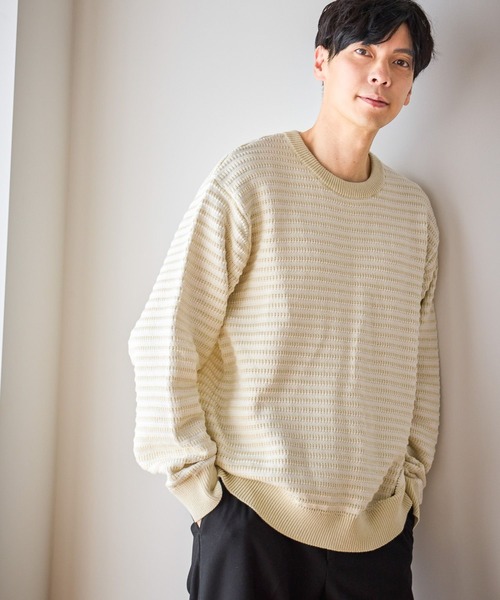 GLOBAL WORK（グローバルワーク）の「コットンボーダーニットプルオーバー/619242（ニット/セーター・メンズ・ネイビー/グリーン/ライトベージュ・X-LARGE/MEDIUM/SMALL/LARGE）」の8枚目の写真