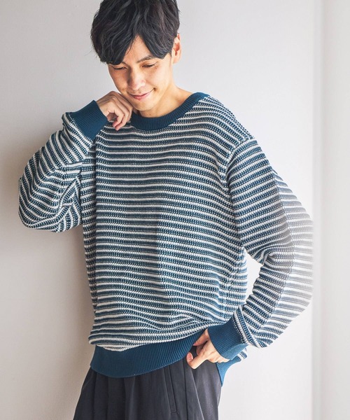 GLOBAL WORK（グローバルワーク）の「コットンボーダーニットプルオーバー/619242（ニット/セーター・メンズ・ネイビー/グリーン/ライトベージュ・X-LARGE/MEDIUM/SMALL/LARGE）」の14枚目の写真