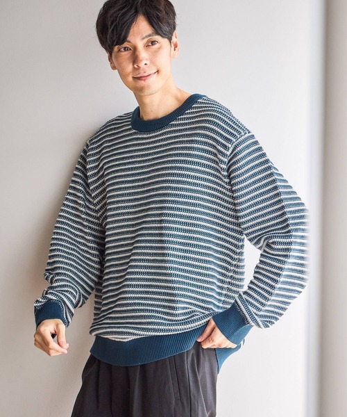 GLOBAL WORK（グローバルワーク）の「コットンボーダーニットプルオーバー/619242（ニット/セーター・メンズ・ネイビー/グリーン/ライトベージュ・X-LARGE/MEDIUM/SMALL/LARGE）」の15枚目の写真