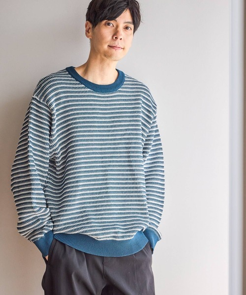 GLOBAL WORK（グローバルワーク）の「コットンボーダーニットプルオーバー/619242（ニット/セーター・メンズ・ネイビー/グリーン/ライトベージュ・X-LARGE/MEDIUM/SMALL/LARGE）」の16枚目の写真