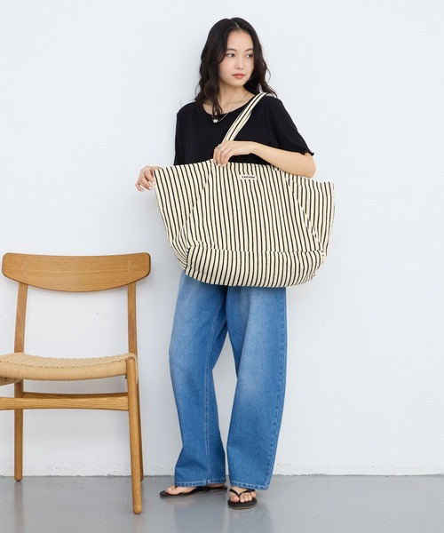 forksy.】カラーストライプ パイル地 ビッグトートバッグ forksy