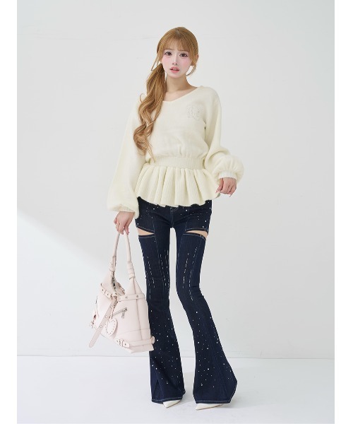 ぺプラムVネックニットトップス（ニット/セーター）｜Darich