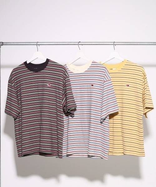 FRUIT OF THE LOOM(フルーツオブザルーム)の「【FRUIT OF THE LOOM】ピーチ起毛天竺ボーダーTシャツ1 / フルーツオブザルーム マルチボーダー 半袖Tシャツ(Tシャツ/カットソー・メンズ・チャコールグレー/アイボリー/イエロー・S/M/L)」の4枚目の写真