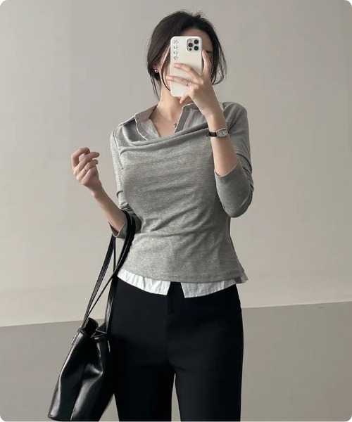 I.O.E(アイオイ)の「ドレープデザイン 長袖カットソー(Tシャツ/カットソー・レディース・ダークグレー/ライトグレー・FREE)」の12枚目の写真