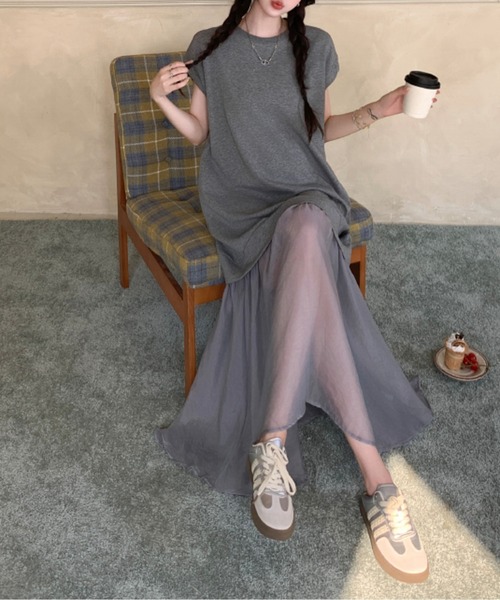 AMAJI(アマジ)の「シアーレイヤードカットソーワンピース(ワンピース・レディース・ブラック/グレー・X-LARGE/LARGE/XXX-LARGE/XX-LARGE)」の4枚目の写真