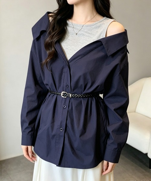 Miniministore(ミニミニストア)の「オフショルダーシャツタンクトップ重ね着風(シャツ/ブラウス・レディース・ライトブルー/ホワイト/ネイビー・M/L)」の3枚目の写真