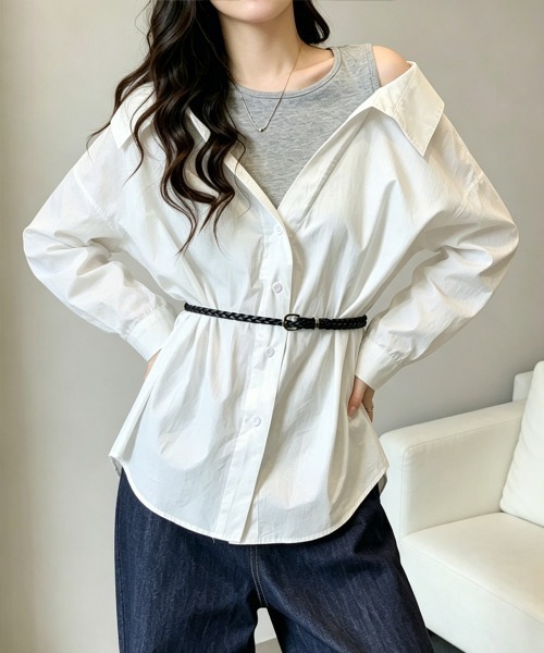 Miniministore(ミニミニストア)の「オフショルダーシャツタンクトップ重ね着風(シャツ/ブラウス・レディース・ライトブルー/ホワイト/ネイビー・M/L)」の2枚目の写真