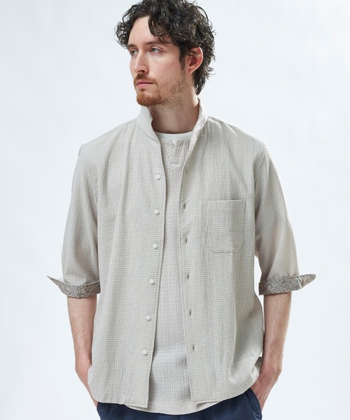 MEN'S BIGI(メンズビギ)の「ストレッチサッカー七分袖シャツ<ストレッチ/通気性>(シャツ/ブラウス・メンズ・サックスブルー/ブラック/ネイビー/ベージュ・01/02/03/04)」の3枚目の写真