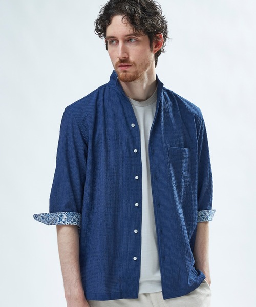 MEN'S BIGI(メンズビギ)の「ストレッチサッカー七分袖シャツ<ストレッチ/通気性>(シャツ/ブラウス・メンズ・サックスブルー/ブラック/ネイビー/ベージュ・01/02/03/04)」の4枚目の写真