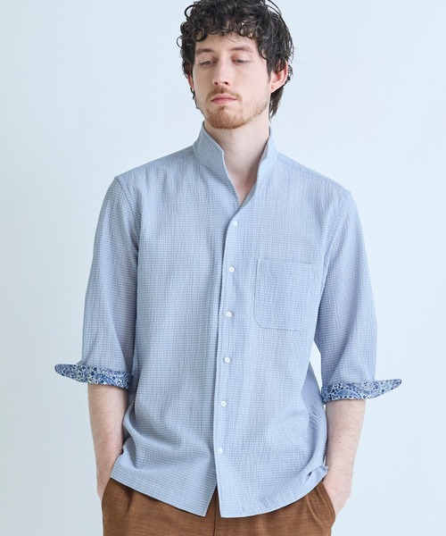 MEN'S BIGI(メンズビギ)の「ストレッチサッカー七分袖シャツ<ストレッチ/通気性>(シャツ/ブラウス・メンズ・サックスブルー/ブラック/ネイビー/ベージュ・01/02/03/04)」の1枚目の写真