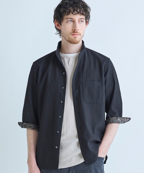 MEN'S BIGI(メンズビギ)の「ストレッチサッカー七分袖シャツ<ストレッチ/通気性>(シャツ/ブラウス・メンズ・サックスブルー/ブラック/ネイビー/ベージュ・01/02/03/04)」の2枚目の写真