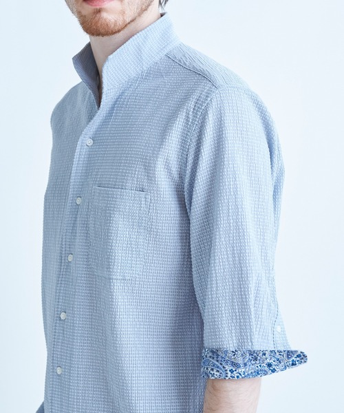 MEN'S BIGI(メンズビギ)の「ストレッチサッカー七分袖シャツ<ストレッチ/通気性>(シャツ/ブラウス・メンズ・サックスブルー/ブラック/ネイビー/ベージュ・01/02/03/04)」の8枚目の写真
