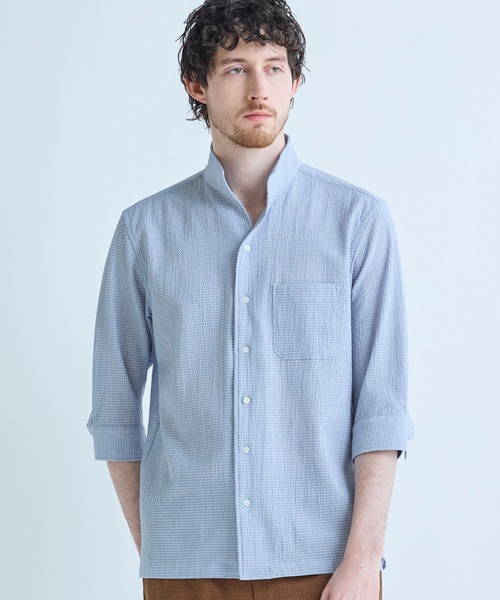 MEN'S BIGI(メンズビギ)の「ストレッチサッカー七分袖シャツ<ストレッチ/通気性>(シャツ/ブラウス・メンズ・サックスブルー/ブラック/ネイビー/ベージュ・01/02/03/04)」の5枚目の写真