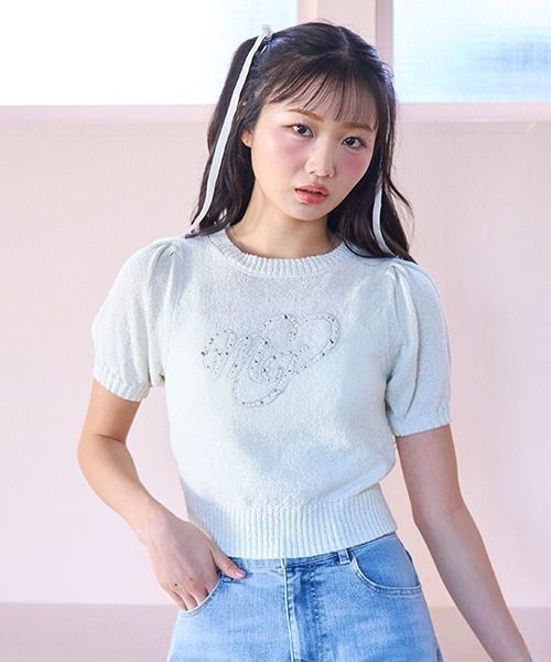 Mi-je(ミジェ)の「ビジューロゴ半袖ニット(ニット/セーター・レディース・ライトグリーン/アイボリー・F)」の15枚目の写真