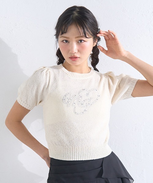 Mi-je(ミジェ)の「ビジューロゴ半袖ニット(ニット/セーター・レディース・ライトグリーン/アイボリー・F)」の14枚目の写真