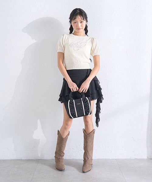 Mi-je(ミジェ)の「ビジューロゴ半袖ニット(ニット/セーター・レディース・ライトグリーン/アイボリー・F)」の12枚目の写真