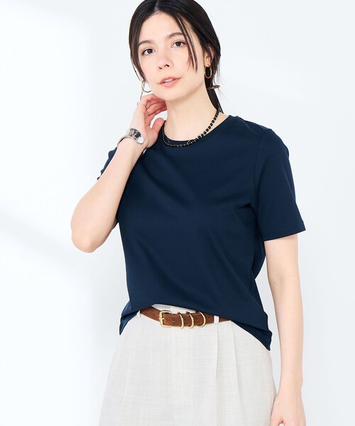 NOLLEY’S Sophi（ノーリーズソフィ）の「《手洗い可能》W&Wベイシック丈Tシャツ（Tシャツ/カットソー・レディース・ダークブラウン/ダークネイビー/ホワイト/サックスブルー・38）」の4枚目の写真