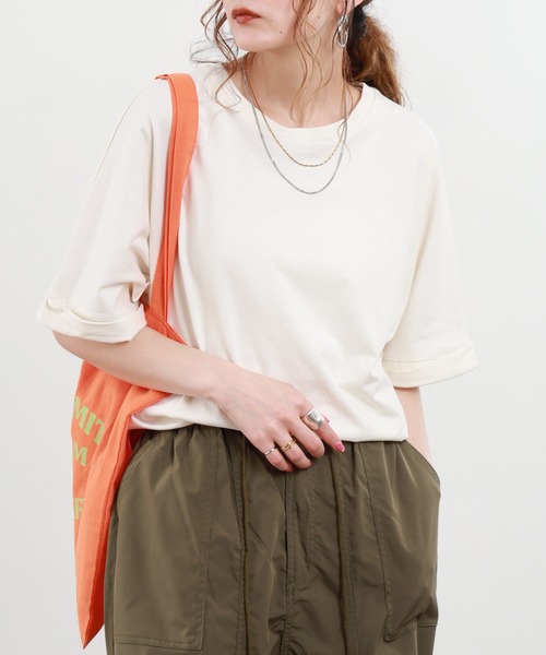 FUNALIVE（ファンアライブ）の「USAコットン袖ロールアップオーバーサイズTシャツ 半袖（Tシャツ/カットソー・レディース・アイボリー/ホワイト・F）」の9枚目の写真