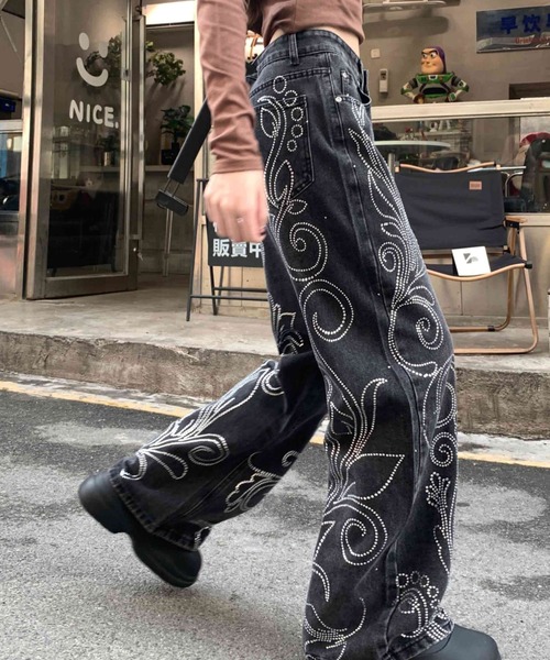 Sibra（シブラ）の「ラインストーンデザインワイドデニムパンツ（デニムパンツ・レディース・グレー・L/M/S）」の17枚目の写真