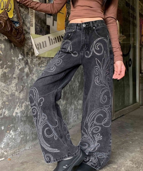 Sibra（シブラ）の「ラインストーンデザインワイドデニムパンツ（デニムパンツ・レディース・グレー・L/M/S）」の14枚目の写真