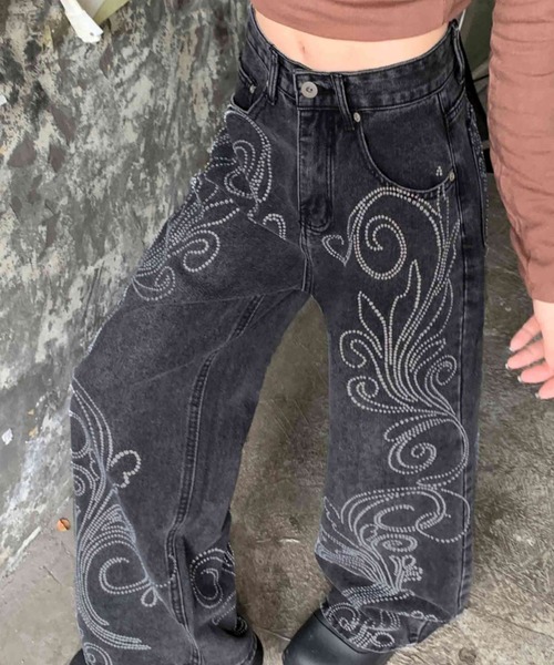 Sibra（シブラ）の「ラインストーンデザインワイドデニムパンツ（デニムパンツ・レディース・グレー・L/M/S）」の15枚目の写真