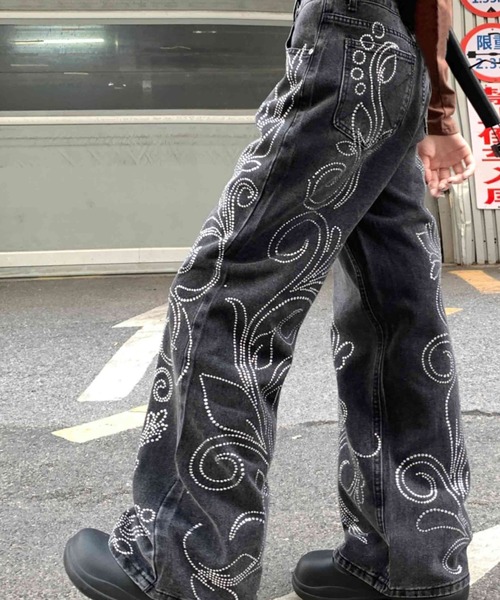 Sibra（シブラ）の「ラインストーンデザインワイドデニムパンツ（デニムパンツ・レディース・グレー・L/M/S）」の21枚目の写真