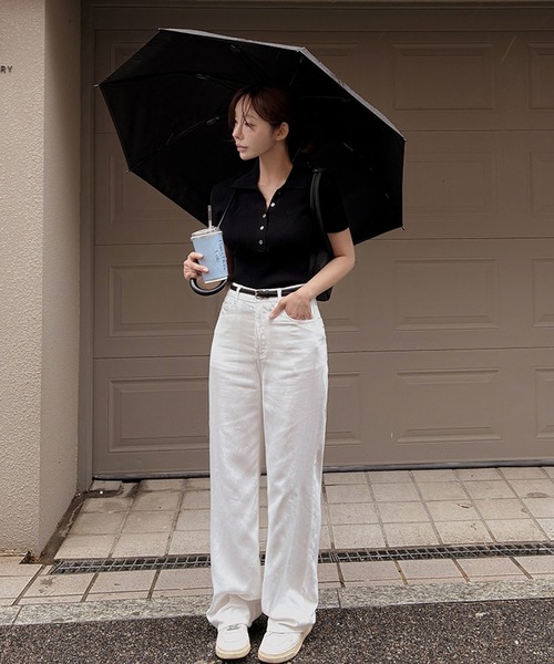 LAFFMO(ラフモ)の「ポロカラー半袖リブニット(ニット/セーター・レディース・ベージュ/ブラック/グレー・F)」の7枚目の写真