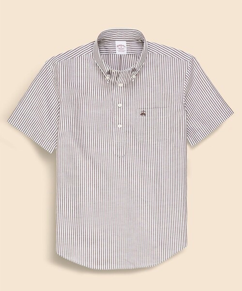 BROOKS BROTHERS(ブルックスブラザーズ)の「コットン/リネン GFロゴ ストライプ ショートスリーブ プルオーバーシャツ(シャツ/ブラウス・メンズ・ブラウン/ネイビー・LARGE/MEDIUM/SMALL/X-LARGE)」の1枚目の写真