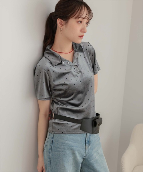 miette(ミエット)の「ポロ襟ドットベロアトップス(Tシャツ/カットソー・レディース・チャコール/ホワイト系その他/ブラウン・S/L/M)」の3枚目の写真