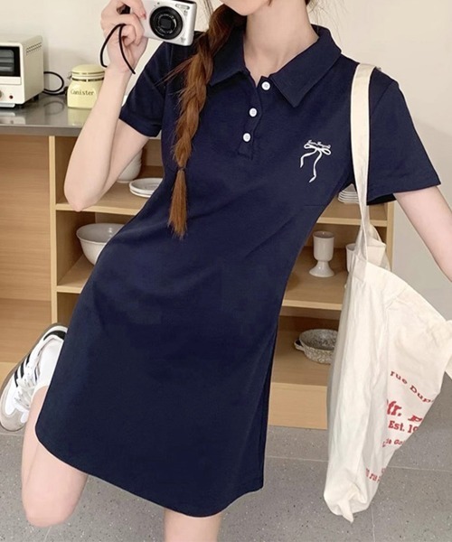 Miniministore(ミニミニストア)の「ポロカラーミニワンピース リボン刺しゅう(ワンピース・レディース・ネイビー/グレー・FREE)」の3枚目の写真