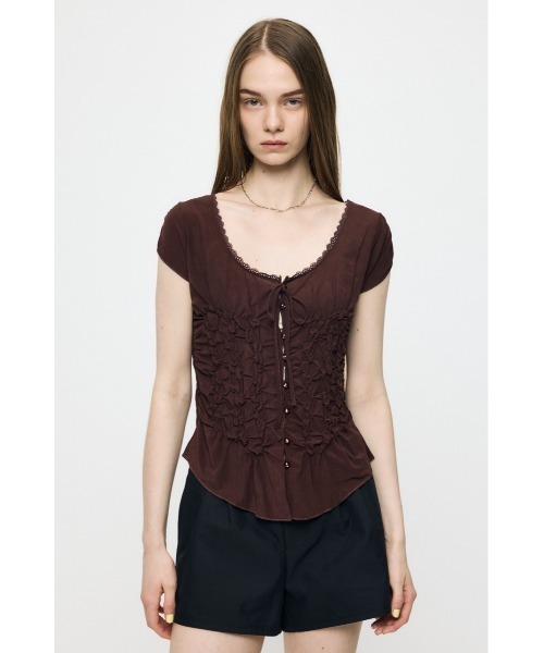 MOUSSY(マウジー)の「RANDOM SHIRRING トップス(Tシャツ/カットソー・レディース・ライトブルー/ブラウン/ブラック/オフホワイト・FREE)」の9枚目の写真