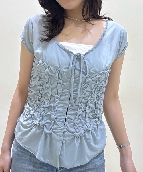 MOUSSY(マウジー)の「RANDOM SHIRRING トップス(Tシャツ/カットソー・レディース・ライトブルー/ブラウン/ブラック/オフホワイト・FREE)」の18枚目の写真