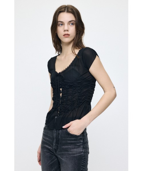MOUSSY(マウジー)の「RANDOM SHIRRING トップス(Tシャツ/カットソー・レディース・ライトブルー/ブラウン/ブラック/オフホワイト・FREE)」の12枚目の写真
