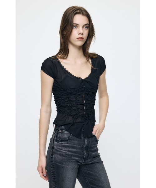 MOUSSY(マウジー)の「RANDOM SHIRRING トップス(Tシャツ/カットソー・レディース・ライトブルー/ブラウン/ブラック/オフホワイト・FREE)」の11枚目の写真