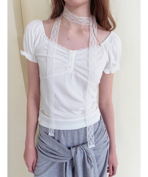 ETMON（エトモン）の「Lace Scarf Puff T-Shirt, White（Tシャツ/カットソー・レディース・その他・F）」の2枚目の写真