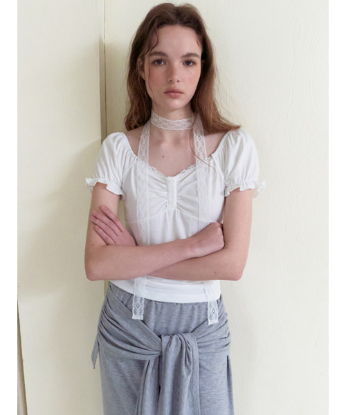 ETMON（エトモン）の「Lace Scarf Puff T-Shirt, White（Tシャツ/カットソー・レディース・その他・F）」の4枚目の写真