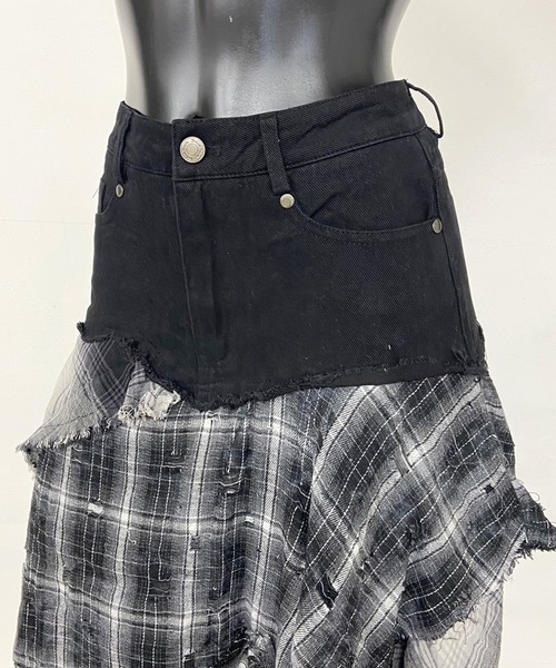 non-hedge(ノンヘッジ)の「チェックデニム切替イレギュラーヘムスカート(スカート・レディース・ブラック・S/M)」の3枚目の写真