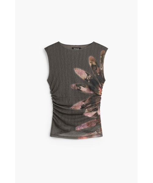 Desigual(デシグアル)の「フラワープリントギャザーノースリーブトップス【2026秋冬新作】(Tシャツ/カットソー・レディース・ブラック・M/S/L)」の1枚目の写真
