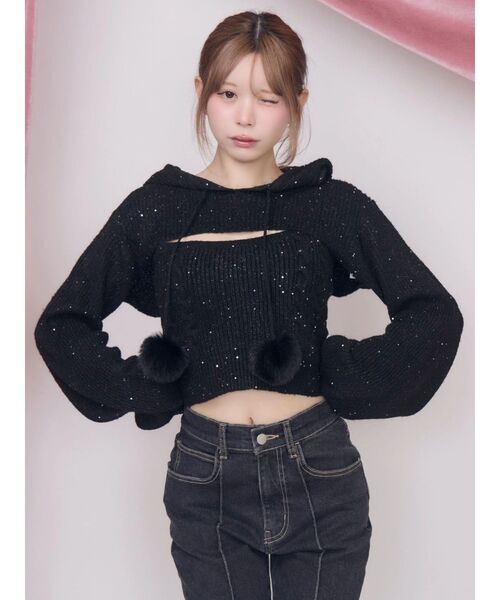 EATME(イートミー)の「ラメスパンコールポンポンニットアンサンブル(ニット/セーター・レディース・グレー/ブラック/ピンク・FREE)」の2枚目の写真