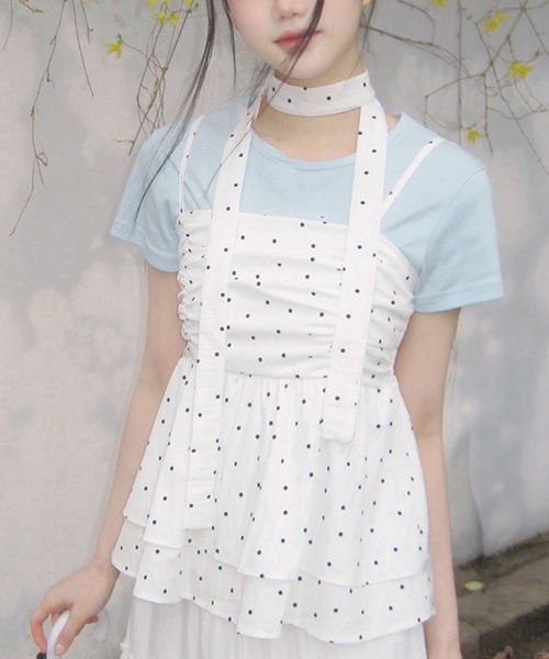 Girly Doll(ガーリードール)の「ドット柄リボンタイ付きギャザーキャミソール(キャミソール・レディース・ブラック/ホワイト・FREE)」の8枚目の写真