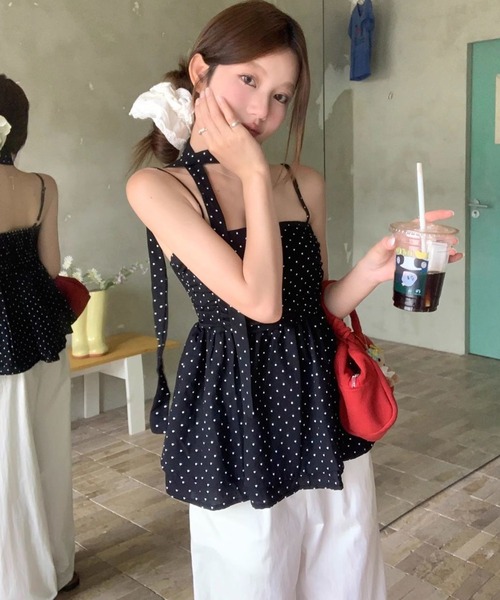 Girly Doll(ガーリードール)の「ドット柄リボンタイ付きギャザーキャミソール(キャミソール・レディース・ブラック/ホワイト・FREE)」の10枚目の写真